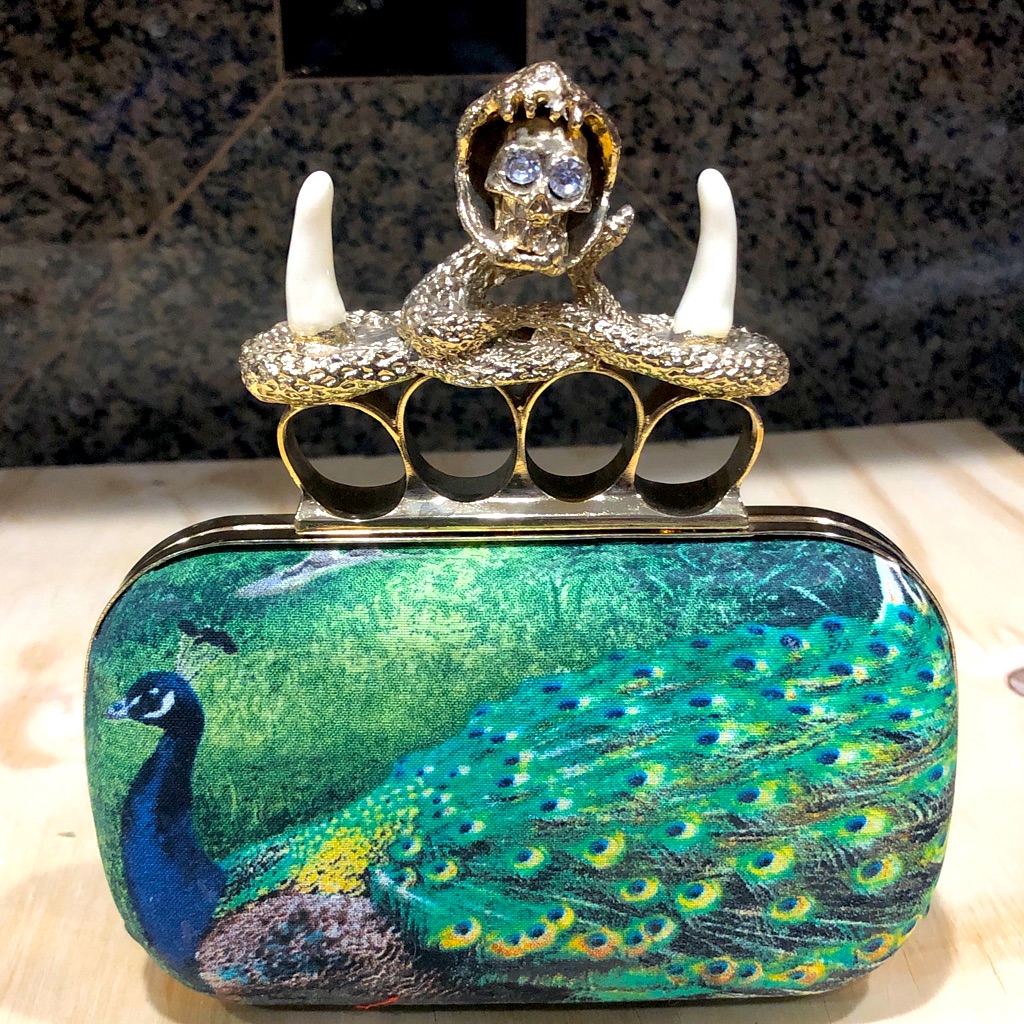 Peacock Print Fabric Clutch With Gold Hardware Unicorn Snake Handle.